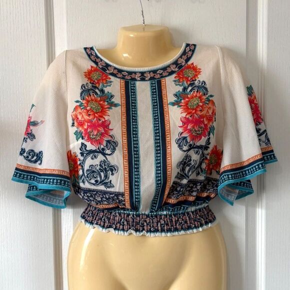 Boho Jealous Tomato M Surplice Cropped Floral Top - Picture 1 of 6